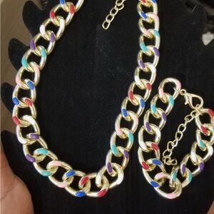 Multicolor Enamel Gold-Link Necklace and Bracelet Set